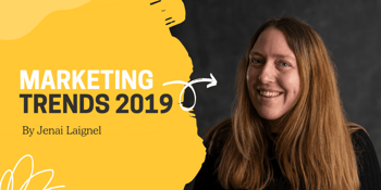 Yellow and black half and half background with text: Marketig Trends 2019. Smiling woman to right side